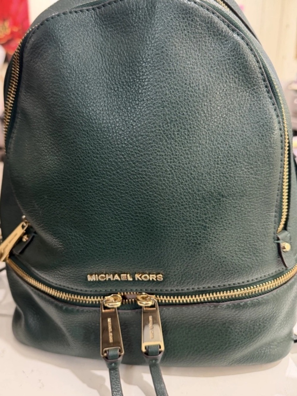 Michael Kors Green Pebbled Leather Backpack Gold Hardware Zipper Inner pocket